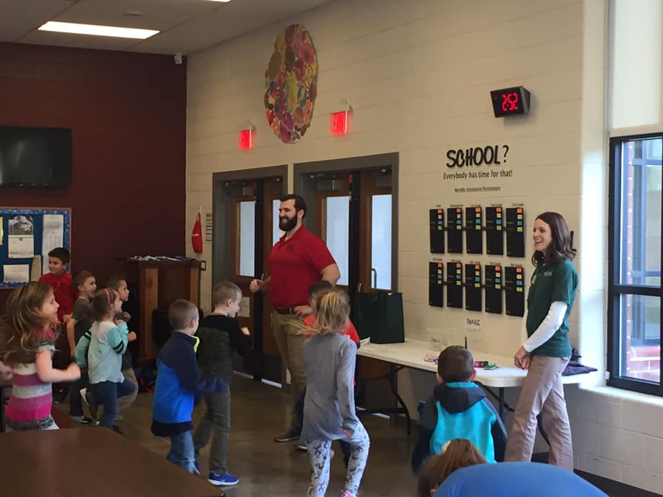 Jody Varda, Physical Therapy Manager, and Luke Senko, Wheeling Jesuit University Physical Therapy student, talk to Bruceton Elementary Students about Exercise and Nutrition.